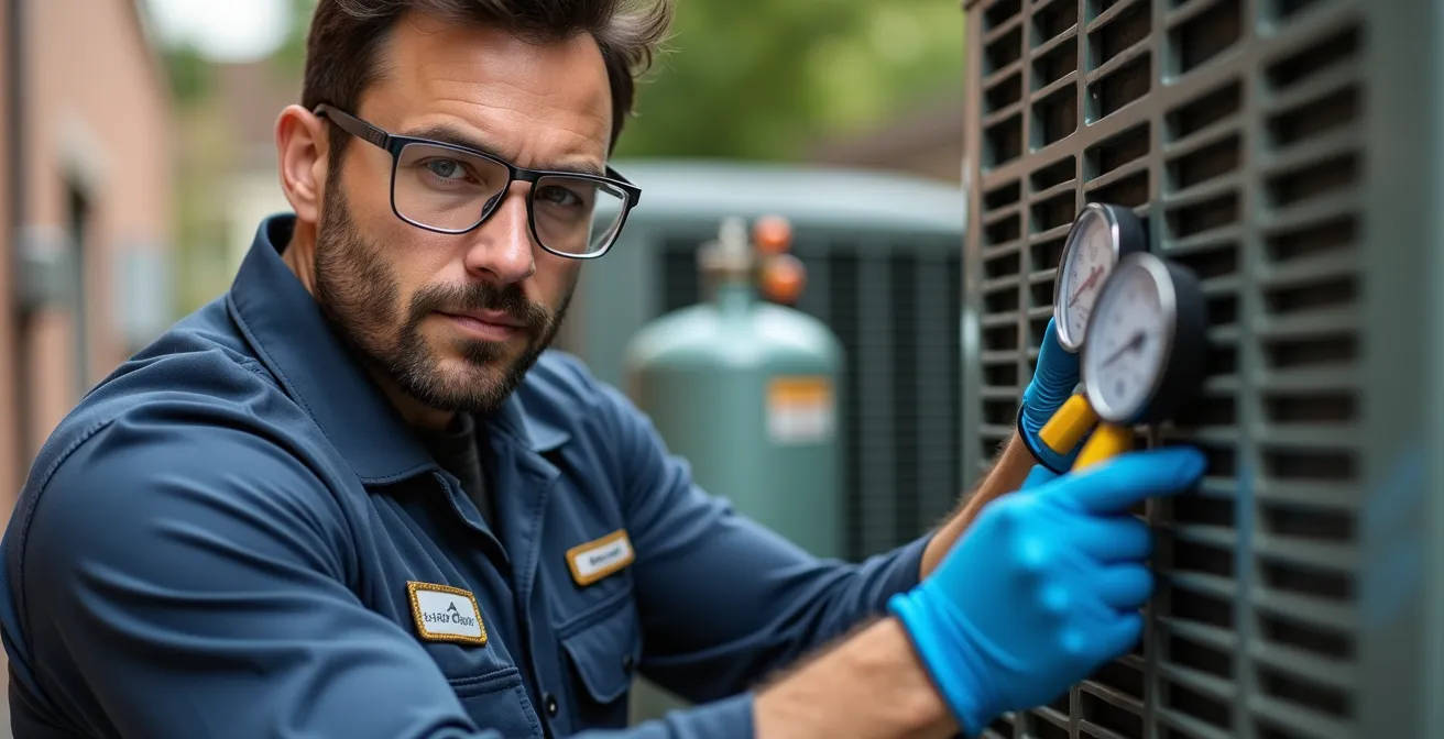 Technicien certifié avec équipement professionnel pour la manipulation sécuritaire des halocarbures