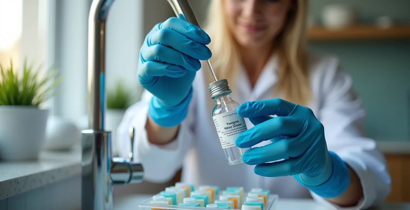 Échantillons d'eau et matériel de test pour analyse du plomb dans un environnement de laboratoire