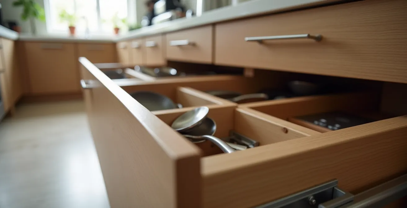 Gros plan sur des tiroirs de cuisine ouverts montrant une organisation optimale avec séparateurs et rangements