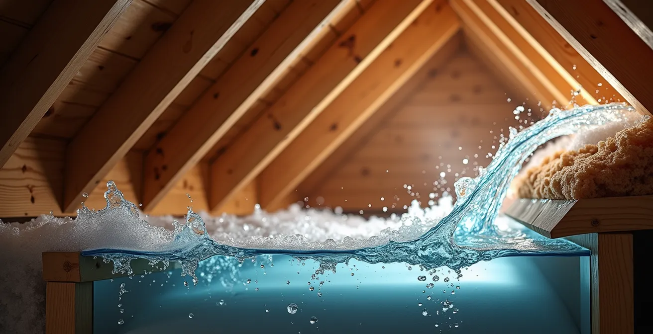 Coupe transversale montrant le parcours de l'eau dans une structure de toit en pente