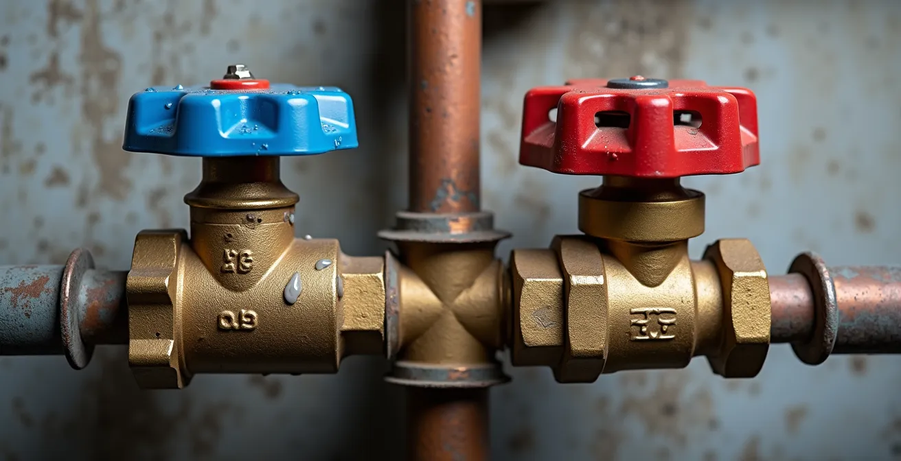 Gros plan comparatif d'une valve à poignée bleue et d'une valve ronde à volant