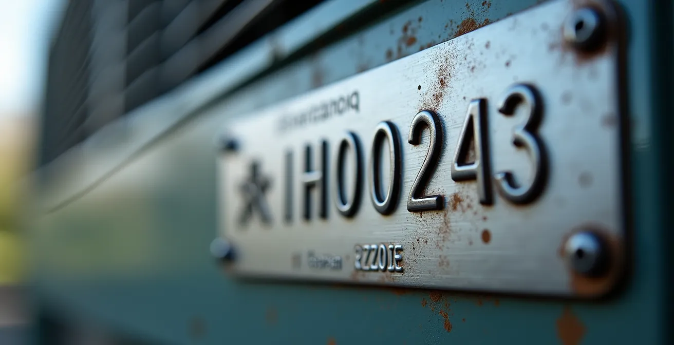 Gros plan sur une plaque signalétique de thermopompe avec focus sur les numéros de référence