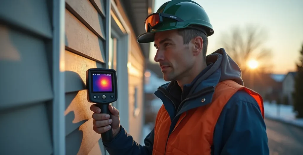 Conseiller énergétique évaluant une maison québécoise avec équipement de diagnostic Conseiller énergétique évaluant une maison québécoise avec équipement de diagnostic